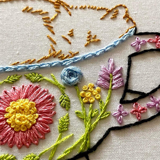 Beginner-friendly catpuccino embroidery kit with floral design and sleeping cat.