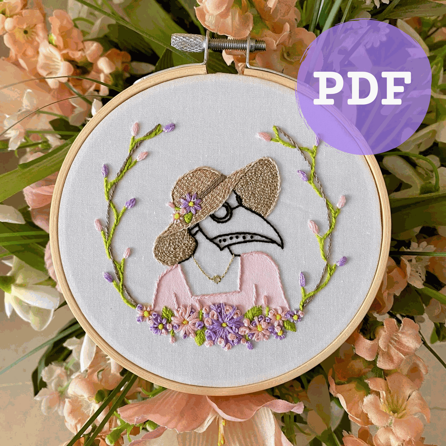 Spring Plague Girl embroidery PDF pattern featuring pastel plague doctor design with floral accents for DIY crafting.