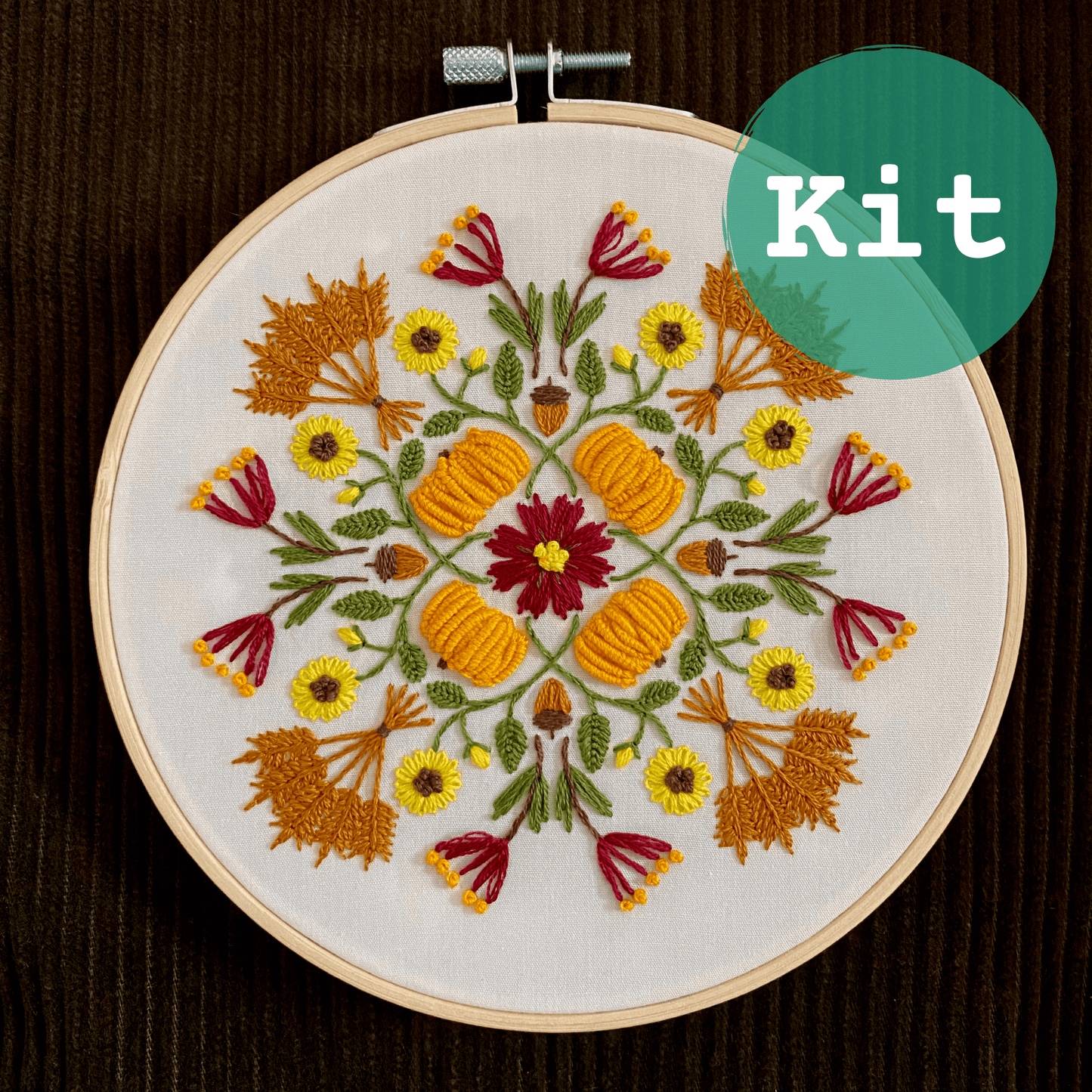 Autumn-themed mandala embroidery kit with bamboo hoop and fall motifs.