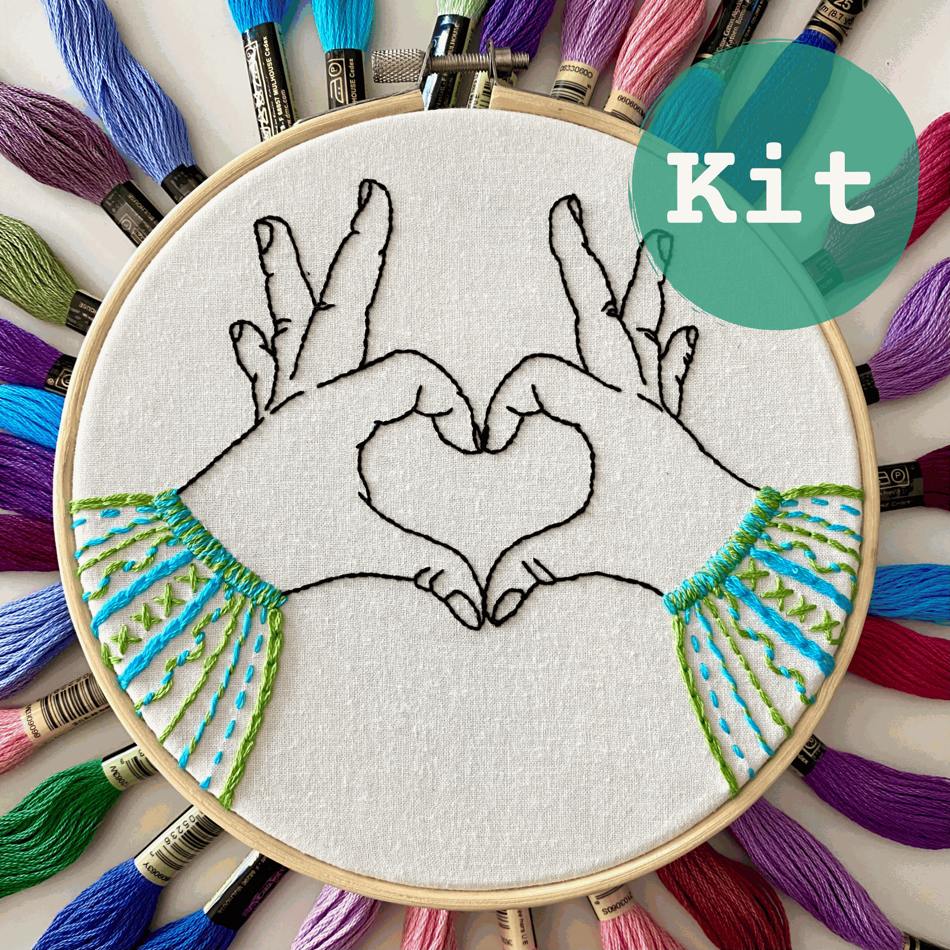 Heart hands embroidery kit with bamboo hoop, preprinted fabric, needle, and colorful threads for beginners.
