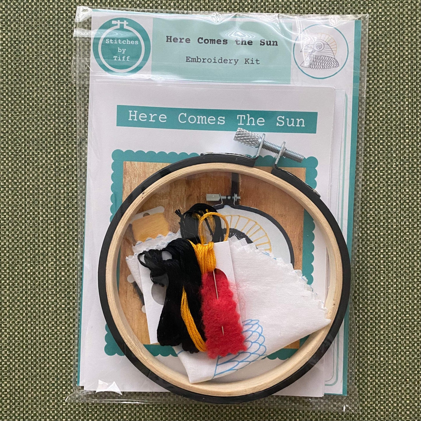 Here Comes the Sun Embroidery Kit with bamboo hoop and threads.