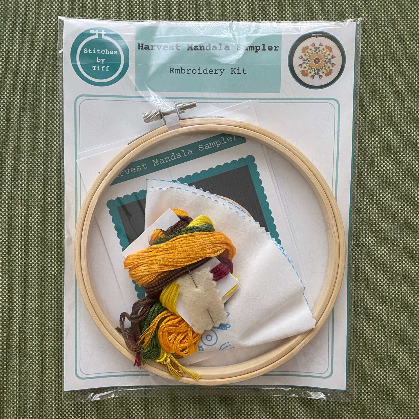 Harvest Mandala Sampler Embroidery Kit with bamboo hoop and threads, ideal for intermediate stitching.