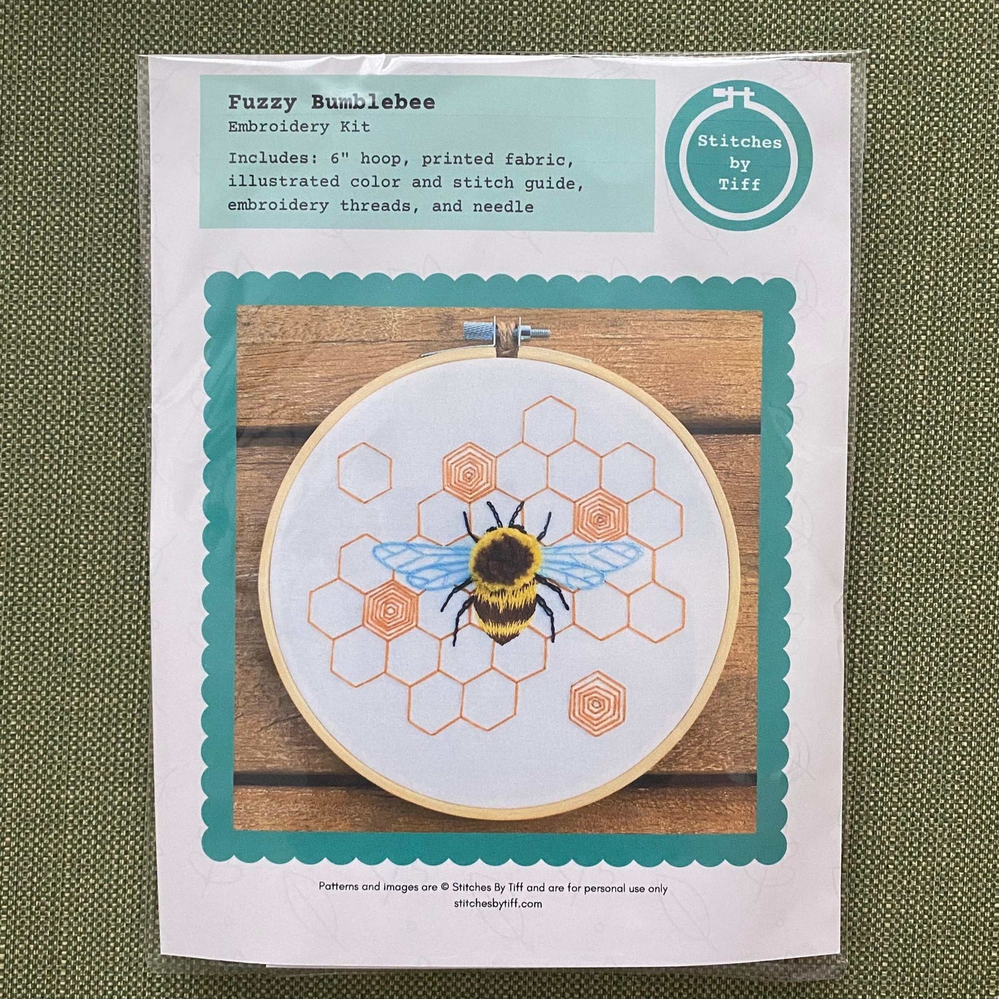 Fuzzy Bumblebee Embroidery Kit packaging with 3D bee design and honeycomb pattern.