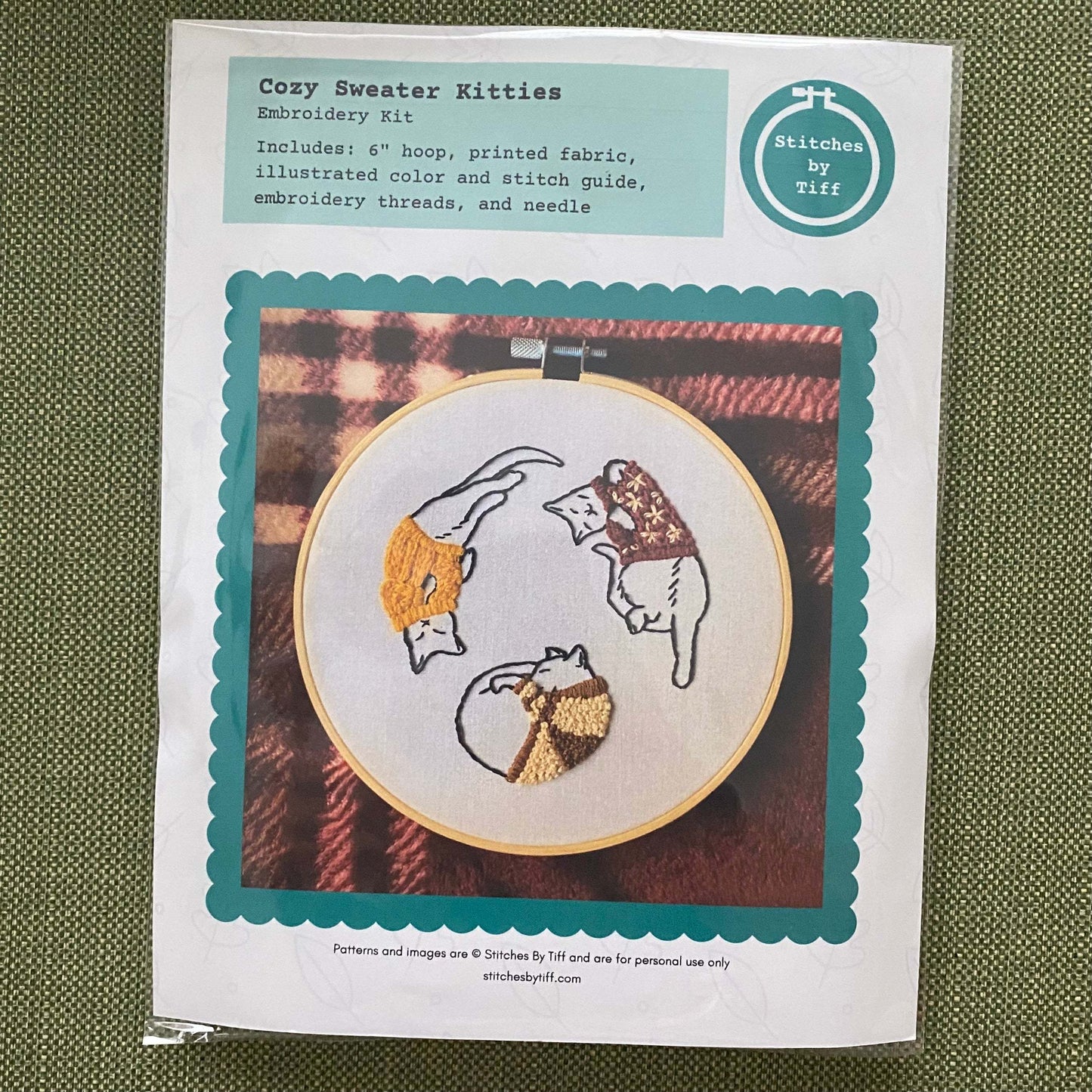 Embroidery kit with cozy sweater kitties design and bamboo hoop.