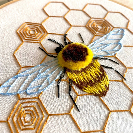 Fuzzy Bumblebee Embroidery Kit with 3D bee on honeycomb design.
