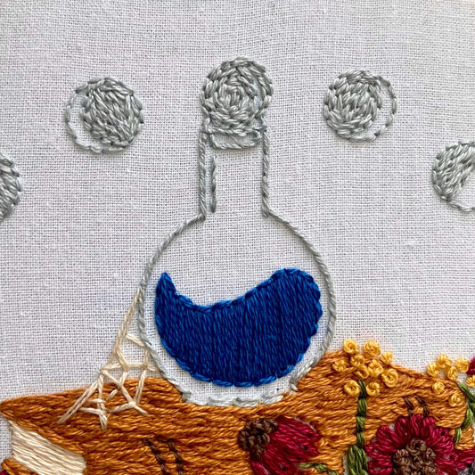 Witch's Apothecary Embroidery Kit with colorful stitched design on fabric, including moon phases and potion themes. Ideal for intermediate and beginner crafters.