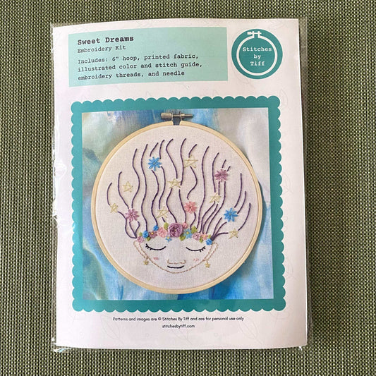 Sweet Dreams Embroidery Kit with bamboo hoop, preprinted fabric, and stitch guide.