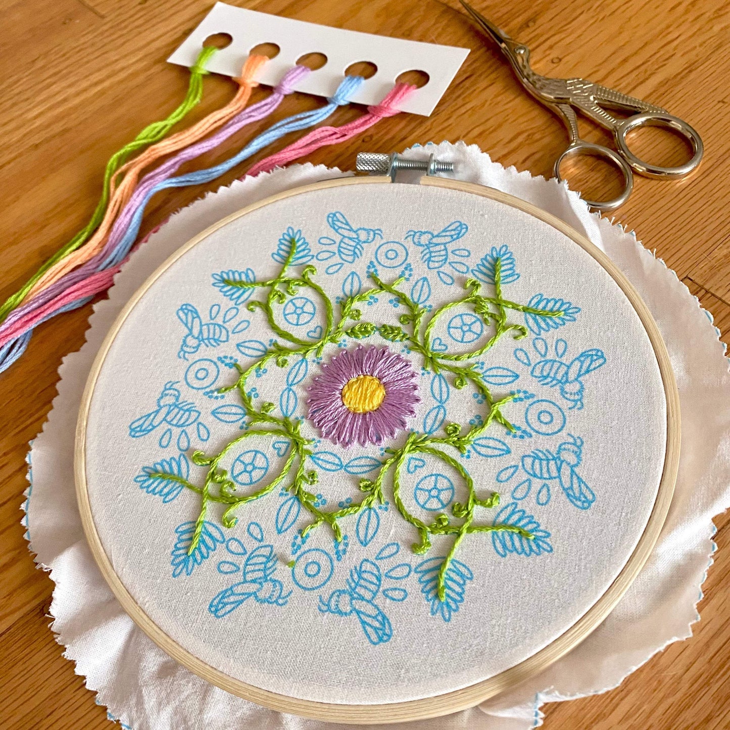 Bee Mandala Sampler Embroidery Kit with pastel florals and honeybee design in 6-inch hoop, includes threads.