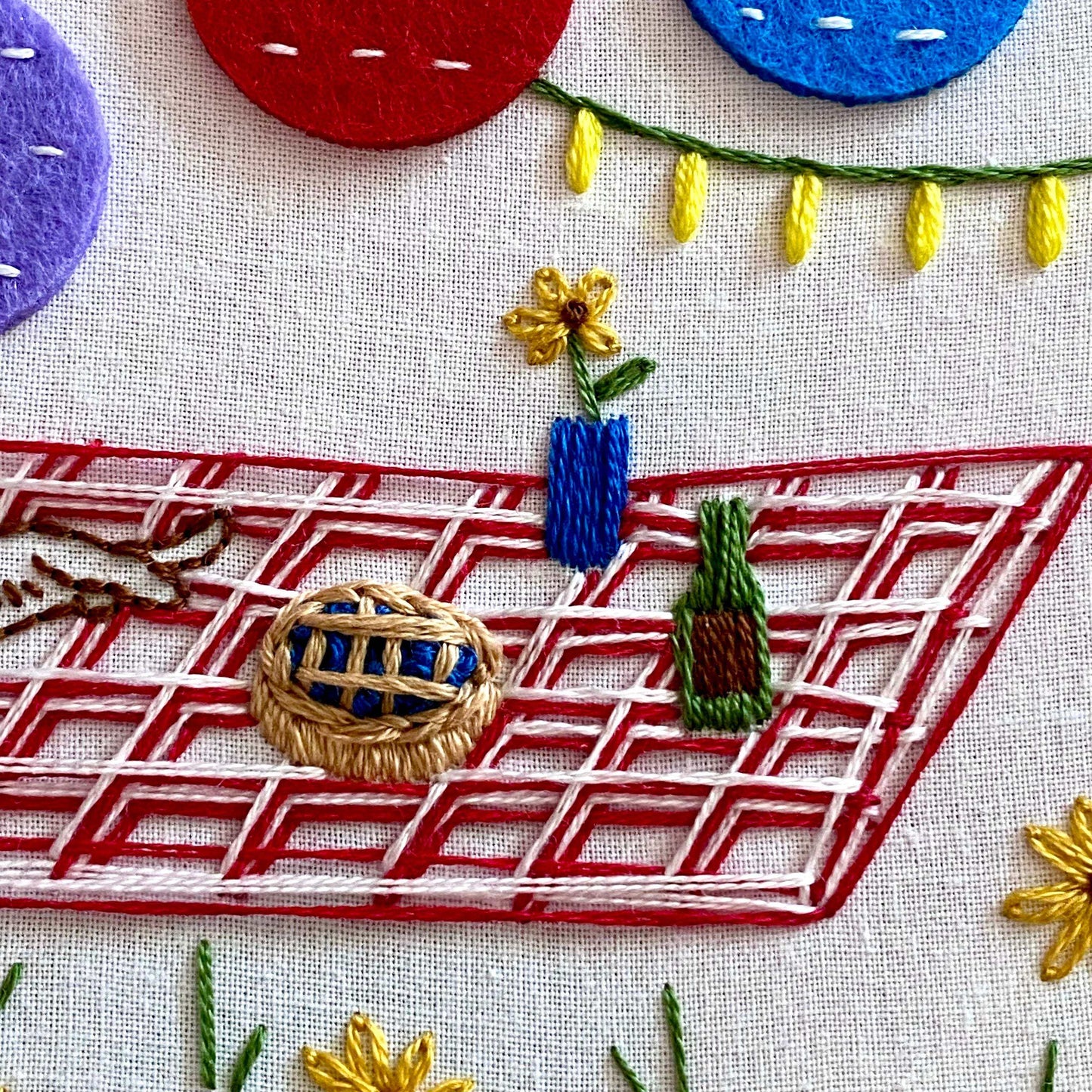 Purrfect Picnic Embroidery Kit with colorful stitches and appliqué felt lanterns.