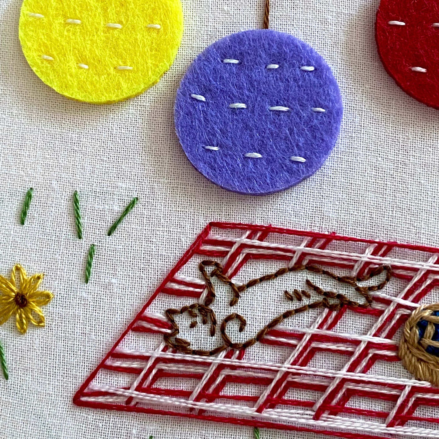 Picnic themed embroidery kit showcasing colorful felt lanterns and detailed stitches. Ideal for intermediate and beginner stitchers seeking a challenge.