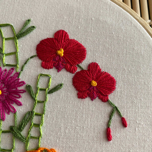 Lucky Bouquet Embroidery Kit with bamboo, chrysanthemums, orchids, and oranges pattern in 6" hoop.