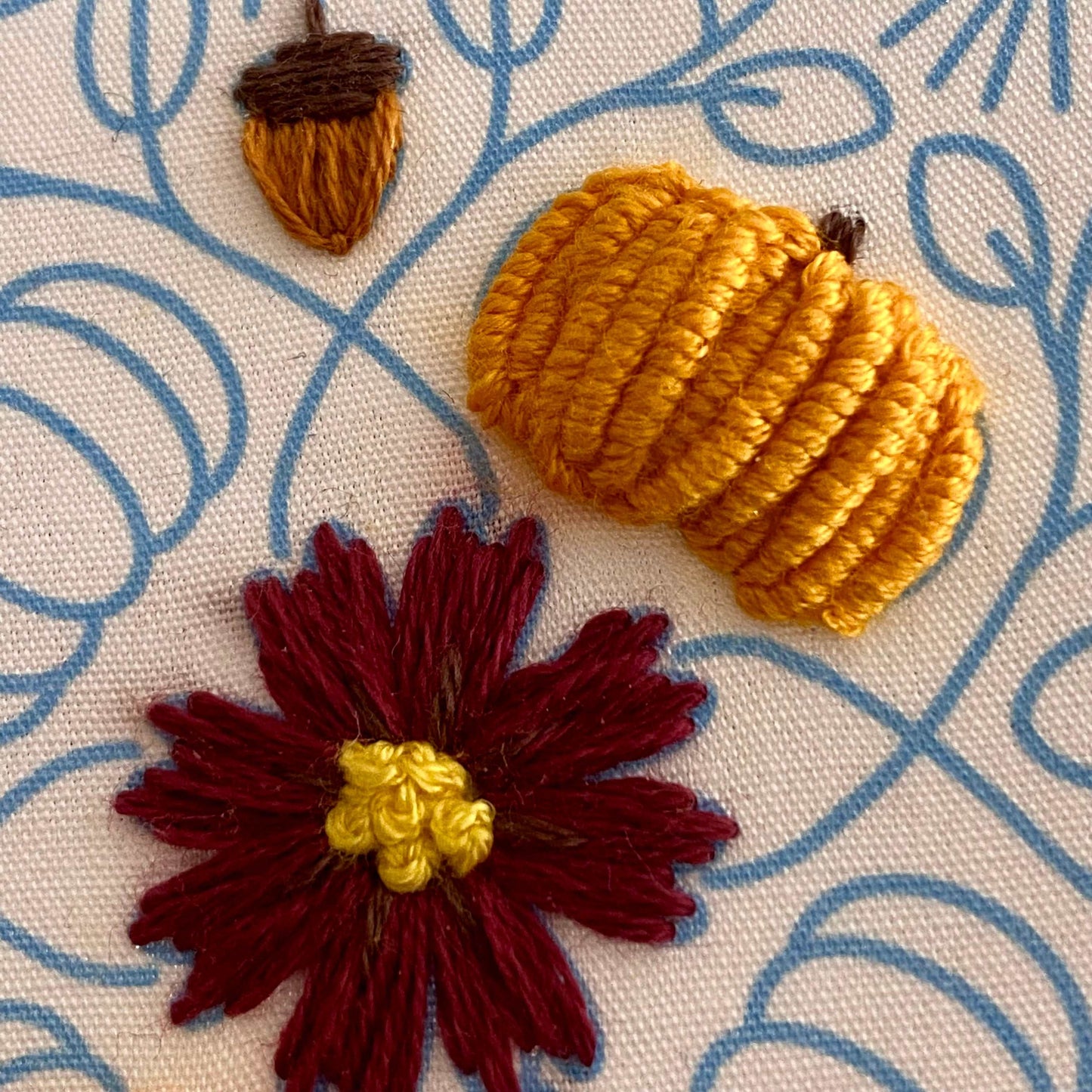 Harvest Mandala Embroidery Kit with autumn motifs and bamboo hoop.