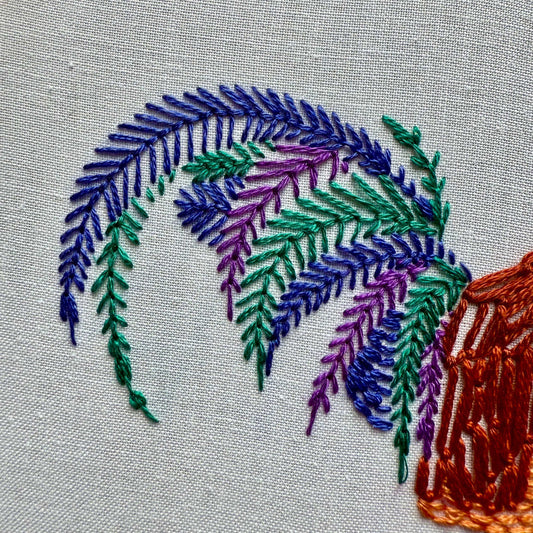 Rustic rooster embroidery kit with colorful textured stitches on fabric, ideal for advanced beginners and intermediate stitchers.