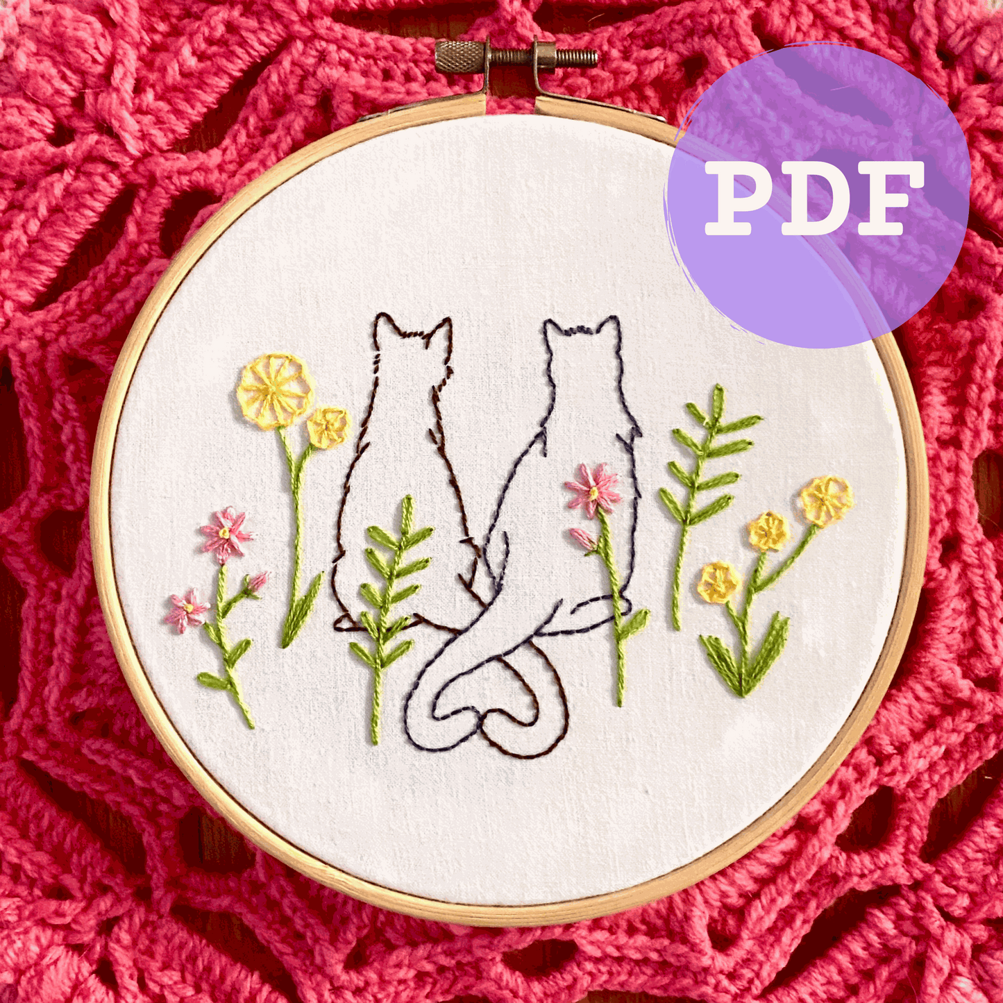 Embroidery pattern PDF of two cats in a garden with flowers, beginner-friendly craft project.