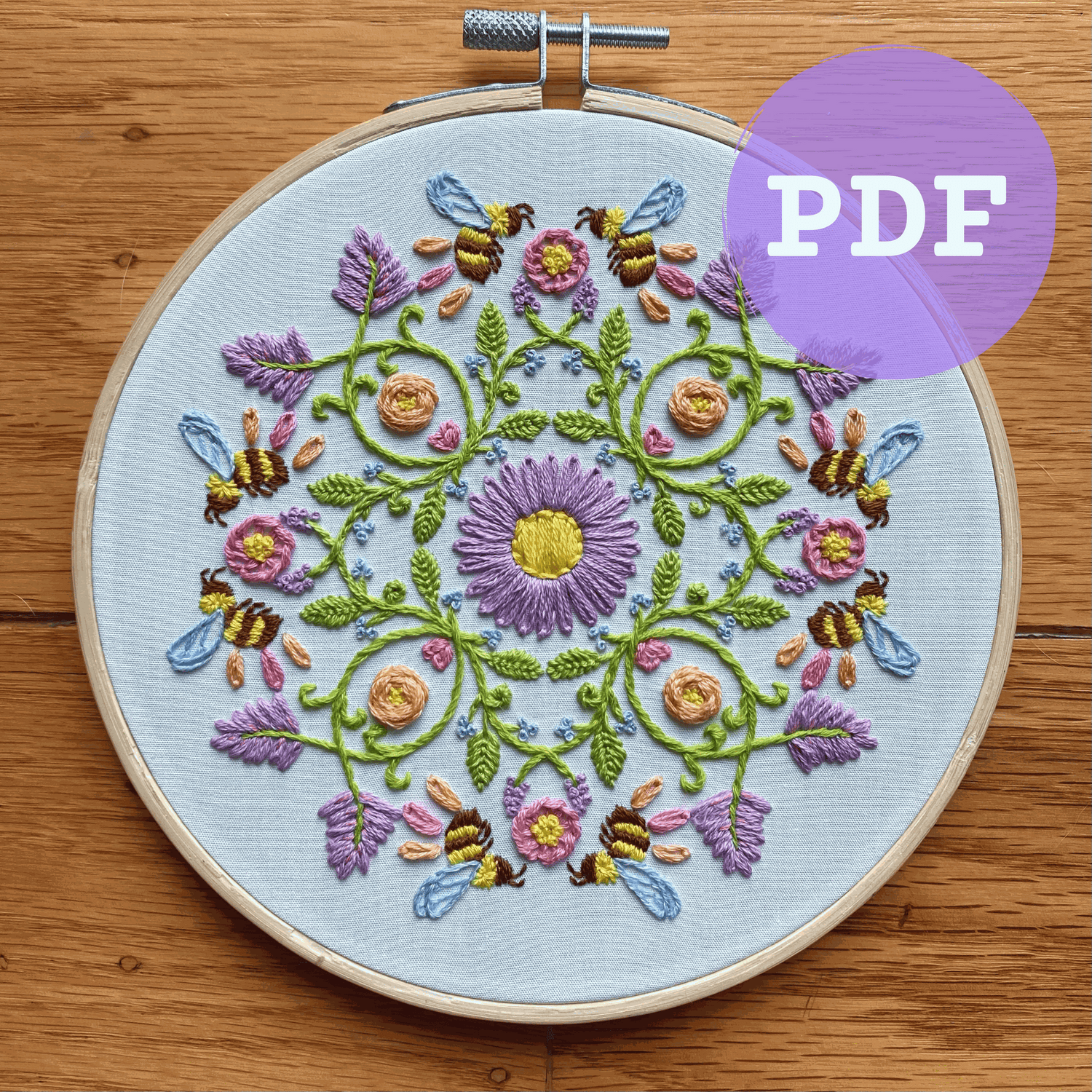 Bee Mandala Embroidery PDF Pattern with Pastel Florals and Honeybees in Hoop.